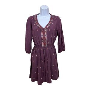 Xhilaration Dress Womens Small Purple Boho 3/4 Sleeve Embroidered V Neck